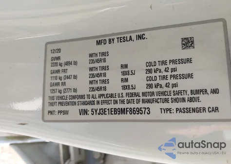 2021 Tesla Model 3 Long Range Dual Motor All-Wheel Drive z USA, uszkodzony, nr VIN 5YJ3E1EB9MF869573